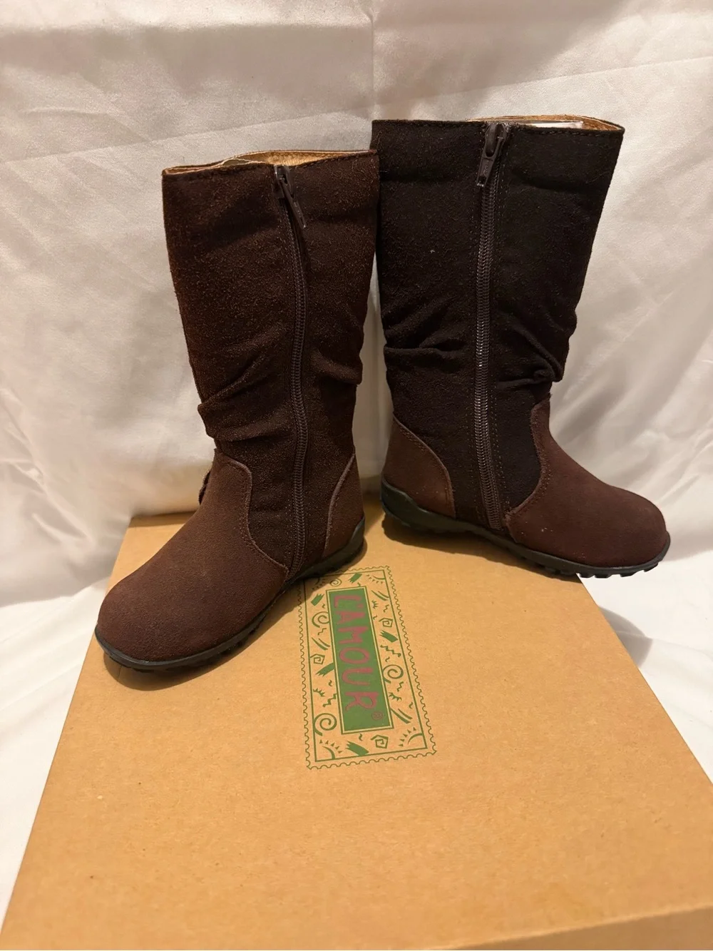 L'Amour Flower Boots Girls Size 7 Brown Tall Boots Side Zip Suede- NIB